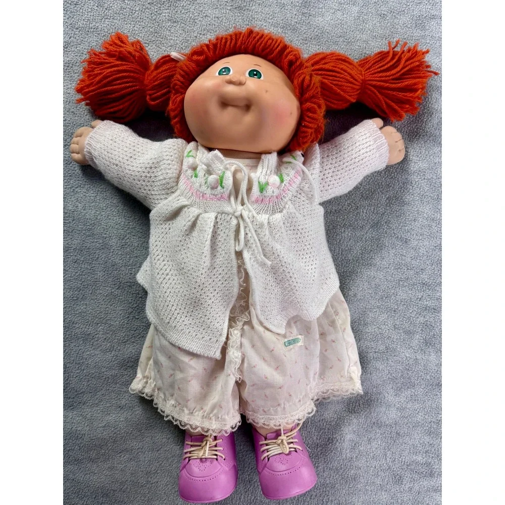 Vintage Cabbage Patch‎ Kids Doll Red Yarn Hair Green Eyes Knit Sweater 16 inch